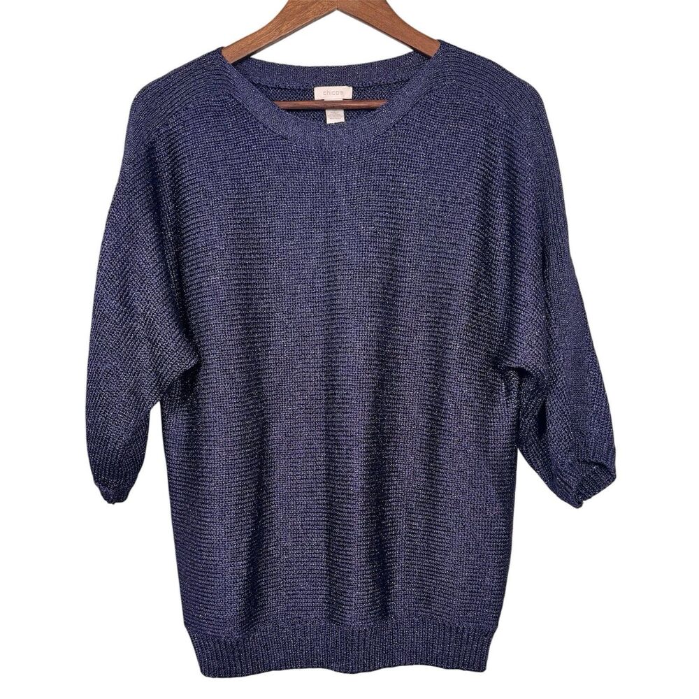Chico’s Metallic Shimmer Top Women’s Size 3 Navy Pullover Party City Preppy XL